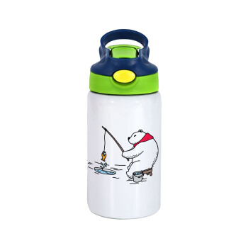 Bear fishing, Children's hot water bottle, stainless steel, with safety straw, green, blue (350ml)