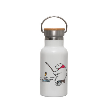 Αρκούδα ψαρεύει, Μεταλλικό παγούρι θερμός (Stainless steel) Λευκό με ξύλινο καπακι (bamboo), διπλού τοιχώματος, 350ml