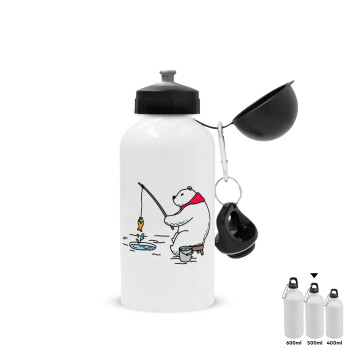 Bear fishing, Metal water bottle, White, aluminum 500ml