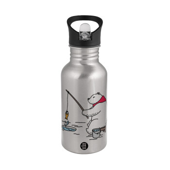 Bear fishing, Water bottle Silver with straw, stainless steel 500ml