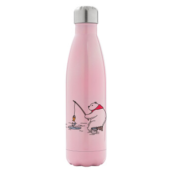 Bear fishing, Metal mug thermos Pink Iridiscent (Stainless steel), double wall, 500ml