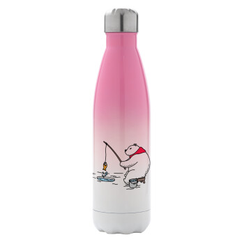 Bear fishing, Metal mug thermos Pink/White (Stainless steel), double wall, 500ml