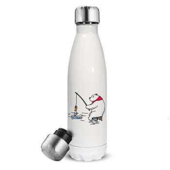 Bear fishing, Metal mug thermos White (Stainless steel), double wall, 500ml