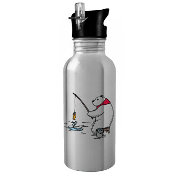 Bear fishing, Water bottle Silver with straw, stainless steel 600ml