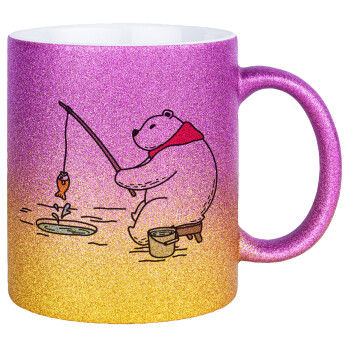 Bear fishing, Κούπα Χρυσή/Ροζ Glitter, κεραμική, 330ml