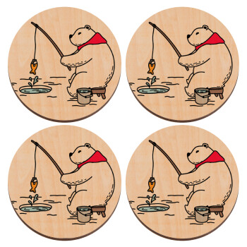Bear fishing, ΣΕΤ x4 Σουβέρ ξύλινα στρογγυλά plywood (9cm)