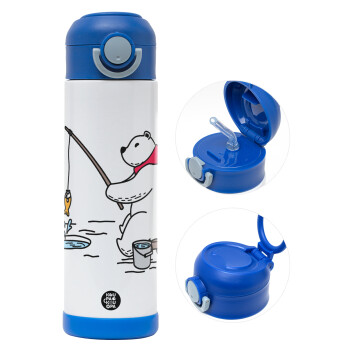 Bear fishing, Children's hot water bottle, stainless steel, with safety straw, BLUE (500ml)