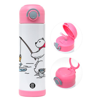 Bear fishing, Children's hot water bottle, stainless steel, with safety straw, PINK (500ml)