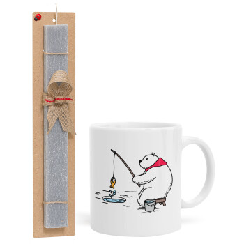 Bear fishing, Easter Set, Ceramic Cup (330ml) & Easter aromatic flat candle (30cm) (GRAY)