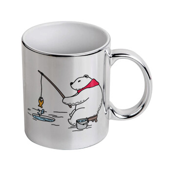 Bear fishing, Mug ceramic, silver mirror, 330ml