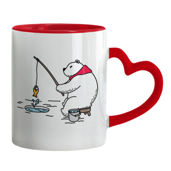 Bear fishing, Mug heart red handle, ceramic, 330ml