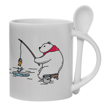 Bear fishing, Ceramic coffee mug with Spoon, 330ml (1pcs)
