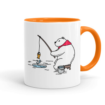 Bear fishing, Mug colored orange, ceramic, 330ml