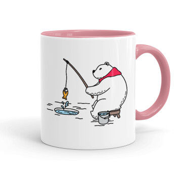 Bear fishing, Mug colored pink, ceramic, 330ml