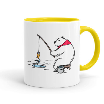 Bear fishing, Mug colored yellow, ceramic, 330ml