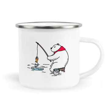 Bear fishing, Metallic enamel cup white 360ml