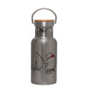 Stainless steel metallic thermos flask, silver with a bamboo lid, double-walled, 350ml.
