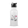 White water bottle with straw, stainless steel 600ml