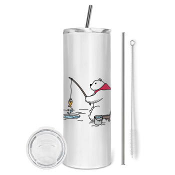 Bear fishing, Eco friendly stainless steel tumbler 600ml, with metal straw & cleaning brush