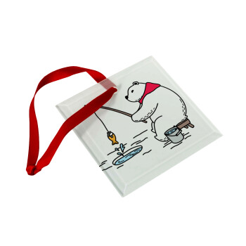 Bear fishing, Christmas ornament, glass square ornament 9x9cm