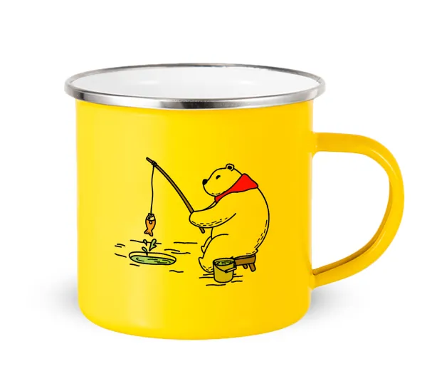 Bear fishing — Yellow Enamel Metallic Cup 360ml