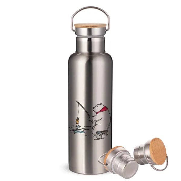 Bear fishing — Stainless steel Silver with wooden lid (bamboo), double wall, 750ml