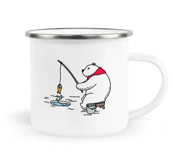 Bear fishing — Metallic enamel cup white 360ml
