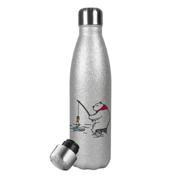 Bear fishing — Metallic Glitter Silver Thermos Flask (Stainless steel), double-walled, 500ml