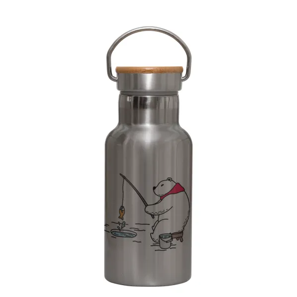 Bear fishing — Stainless steel metallic thermos flask, silver with a bamboo lid, double-walled, 350ml.
