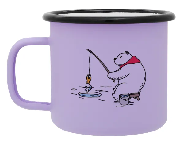 Bear fishing — Metal enamel mug, matte light pastel purple, 360ml