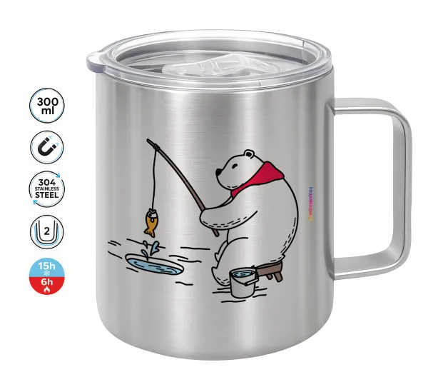 Bear fishing — Double-walled stainless steel mug 300ml with temperature-retaining lid