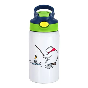 Bear fishing, Children's hot water bottle, stainless steel, with safety straw, green, blue (350ml)