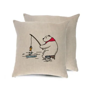 Bear fishing, Μαξιλάρι καναπέ ΛΙΝΟ 40x40cm περιέχεται το  γέμισμα