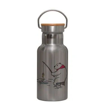 Αρκούδα ψαρεύει, Μεταλλικό παγούρι θερμός (Stainless steel) Ασημένιο με ξύλινο καπακι (bamboo), διπλού τοιχώματος, 350ml