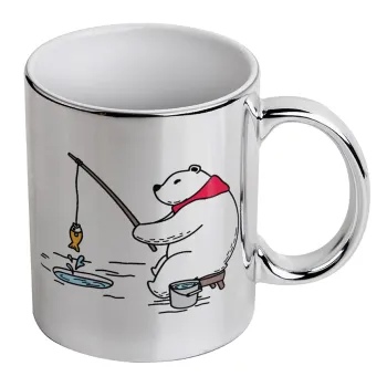 Bear fishing, Mug ceramic, silver mirror, 330ml