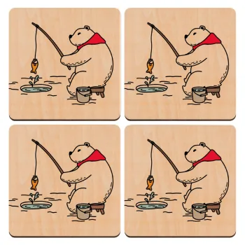 Bear fishing, ΣΕΤ x4 Σουβέρ ξύλινα τετράγωνα plywood (9cm)