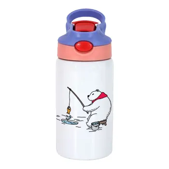 Αρκούδα ψαρεύει, Παιδικό παγούρι θερμό, ανοξείδωτο, με καλαμάκι ασφαλείας, ροζ/μωβ (350ml)