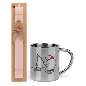 Bear fishing, Easter Set, metallic thermal cup (300ml) & aromatic flat Easter candle (30cm) (PINK)