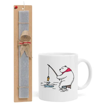 Bear fishing, Easter Set, Ceramic Cup (330ml) & Easter aromatic flat candle (30cm) (GRAY)