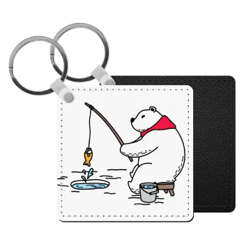 Bear fishing, Μπρελόκ Δερματίνη, τετράγωνο ΜΑΥΡΟ (5x5cm)