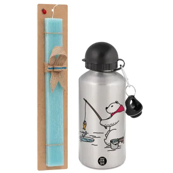 Bear fishing, Easter Set, metallic silver aluminum water bottle (500ml) & scented flat Easter candle (30cm) (TURQUOISE)