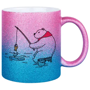 Bear fishing, Κούπα Χρυσή/Μπλε Glitter, κεραμική, 330ml