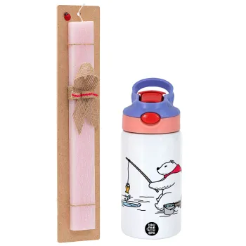 Bear fishing, Easter Set, Children's thermal stainless steel water bottle with safety straw, pink/purple (350ml) & Easter scented flat candle (30cm) (PINK)