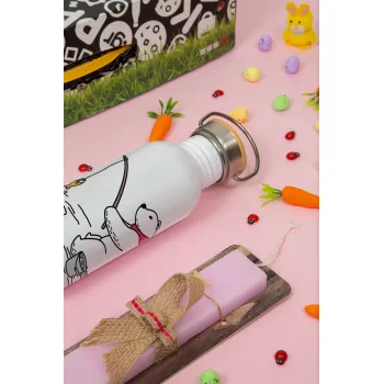 Bear fishing, Easter Set, SS Metallic water bottle (620ml, stainless steel) & scented flat Easter candle (30cm) (PINK)