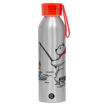 Αρκούδα ψαρεύει, Αλουμινένιο Αθλητικό Μπουκάλι 650ml – Ασημί με Κόκκινο Καπάκι και Λουράκι Σιλικόνης