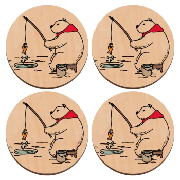Bear fishing, ΣΕΤ x4 Σουβέρ ξύλινα στρογγυλά plywood (9cm)