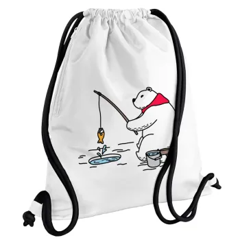 Αρκούδα ψαρεύει, Τσάντα πλάτης πουγκί GYMBAG λευκή, με τσέπη (40x48cm) & χονδρά κορδόνια