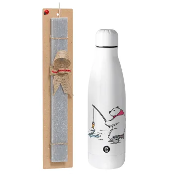Bear fishing, Easter Set, metallic stainless thermos bottle (500ml) & scented flat Easter candle (30cm) (GRAY)