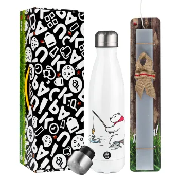 Bear fishing, Easter candle, metallic white thermos bottle (500ml) & aromatic flat candle (30cm) (GRAY)