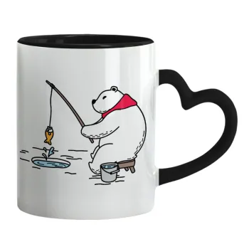 Bear fishing, Mug heart black handle, ceramic, 330ml